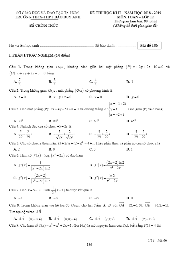 Đề kiểm tra học kỳ 2 Toán 12 năm 2018 2019 trường Đào Duy Anh TP HCM