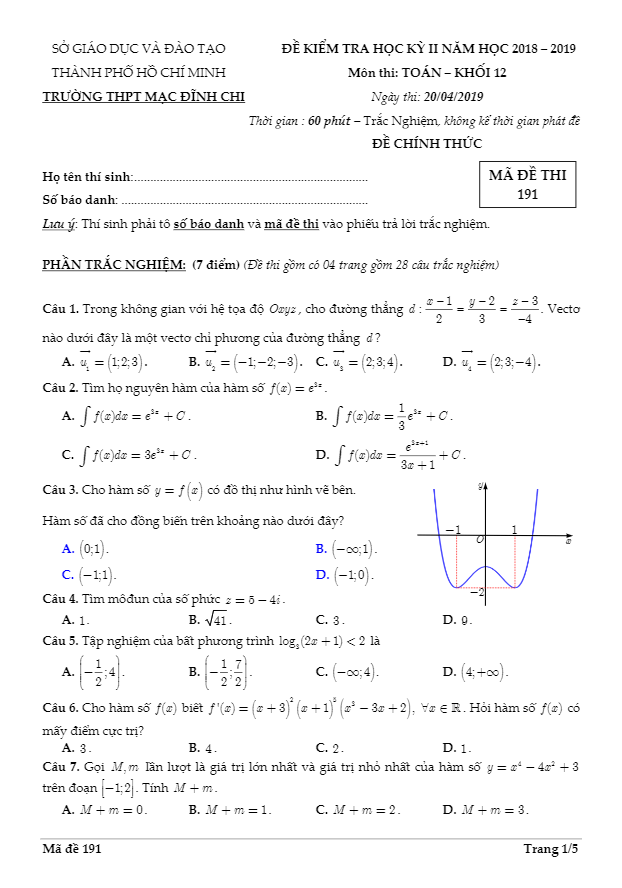 Đề kiểm tra học kỳ 2 Toán 12 năm 2018 2019 trường THPT Mạc Đĩnh Chi TP HCM