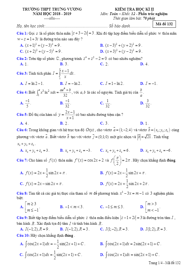 Đề kiểm tra học kỳ 2 Toán 12 năm 2018 2019 trường THPT Trưng Vương TP HCM