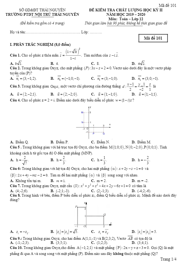 Đề kiểm tra học kỳ 2 Toán 12 năm 2019 2020 trường PTDT nội trú Thái Nguyên