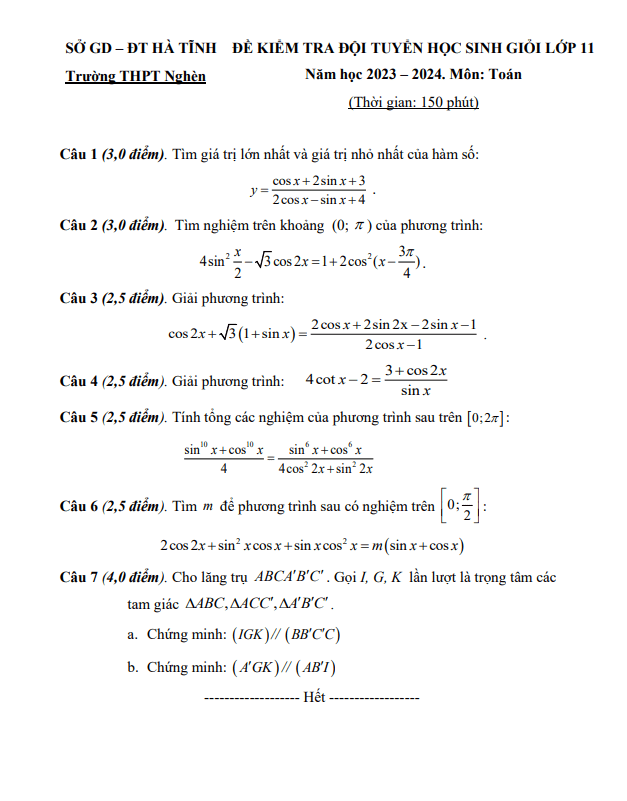 Đề kiểm tra HSG Toán 11 năm 2023 2024 trường THPT Nghèn Hà Tĩnh