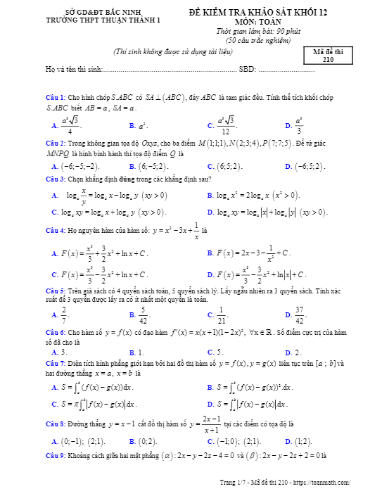 Đề kiểm tra khảo sát Toán 12 năm 2018 2019 trường Thuận Thành 1 Bắc Ninh