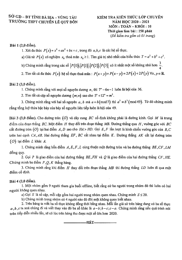 Đề kiểm tra kiến thức lớp chuyên Toán 10 năm 2020 2021 trường chuyên Lê Quý Đôn BR VT