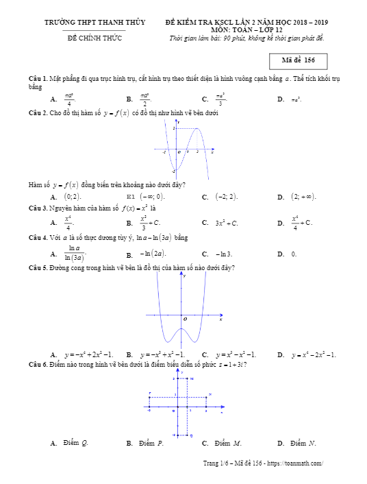 Đề kiểm tra KSCL lần 2 Toán 12 năm 2018 2019 trường Thanh Thủy Phú Thọ