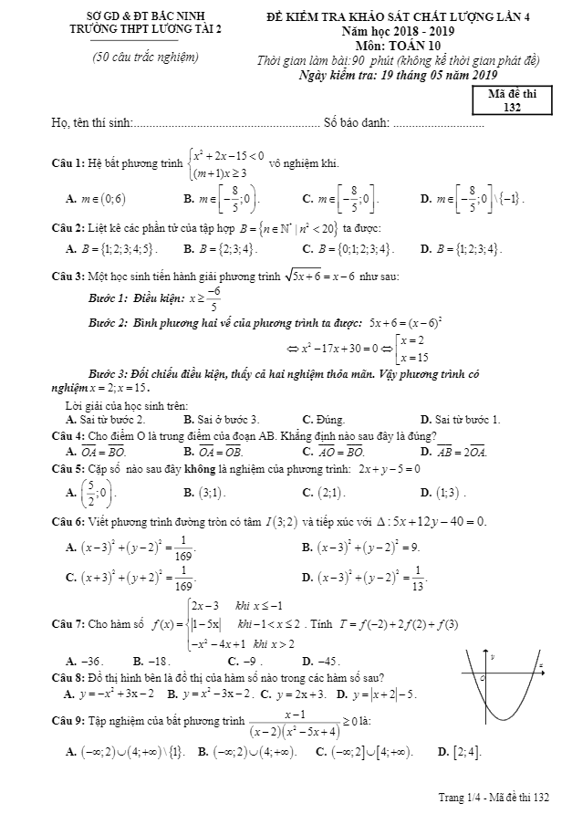 Đề kiểm tra KSCL Toán 10 năm 2018 2019 lần 4 trường Lương Tài 2 Bắc Ninh