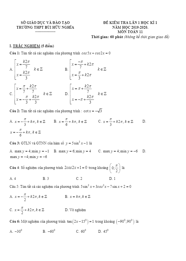 Đề kiểm tra lần 1 HK1 Toán 11 năm 2019 2020 trường Bùi Hữu Nghĩa Cần Thơ