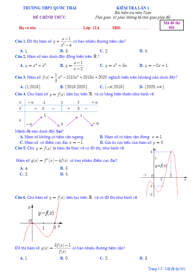 Đề kiểm tra lần 1 Toán 12 năm 2019 2020 trường THPT Quốc Thái An Giang
