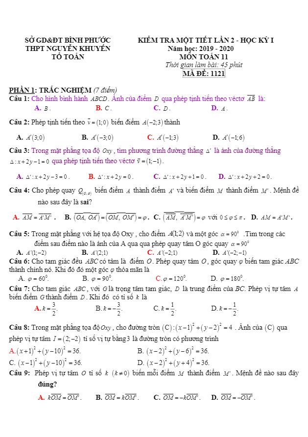 Đề kiểm tra lần 2 HK1 Toán 11 năm 2019 2020 trường Nguyễn Khuyến Bình Phước