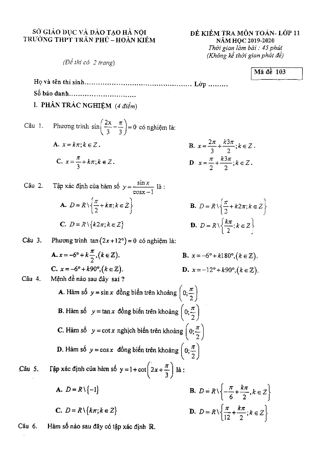 Đề kiểm tra môn Toán 11 năm 2019 2020 trường THPT Trần Phú Hà Nội