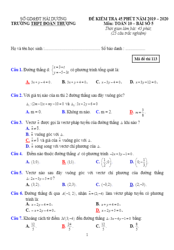 Đề kiểm tra Toán 10 bài số 5 năm 2019 2020 trường Đoàn Thượng Hải Dương