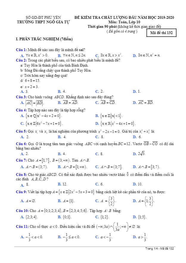 Đề kiểm tra Toán 10 đầu năm học 2019 2020 trường Ngô Gia Tự Phú Yên