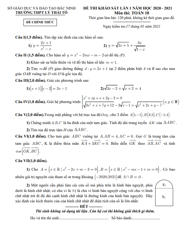 Đề kiểm tra Toán 10 lần 1 năm 2020 2021 trường THPT Lý Thái Tổ Bắc Ninh