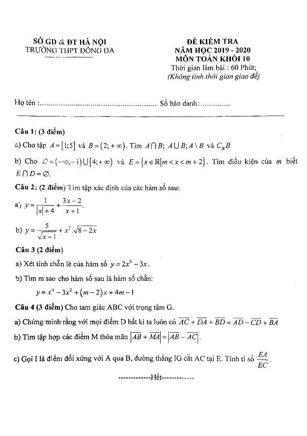 Đề kiểm tra Toán 10 năm học 2019 2020 trường THPT Đống Đa Hà Nội