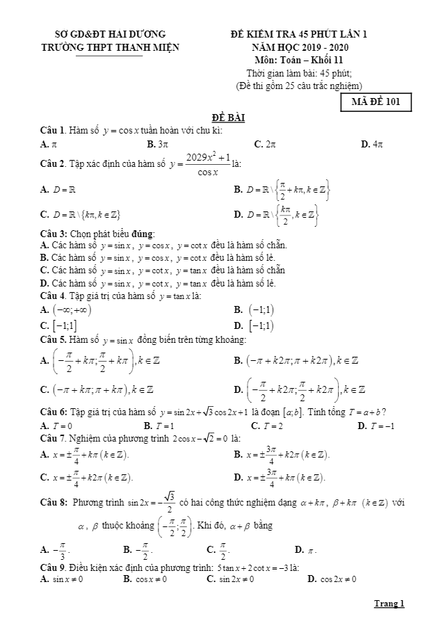 Đề kiểm tra Toán 11 lần 1 năm 2019 2020 trường Thanh Miện Hải Dương