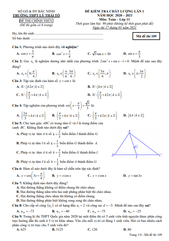 Đề kiểm tra Toán 11 lần 1 năm 2020 2021 trường THPT Lý Thái Tổ Bắc Ninh