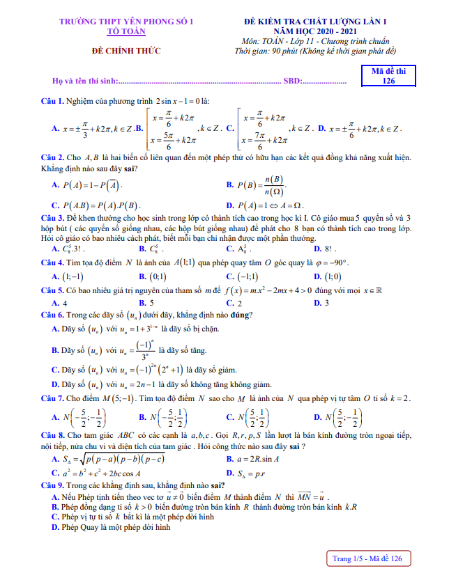 Đề kiểm tra Toán 11 lần 1 năm 2020 2021 trường Yên Phong 1 Bắc Ninh