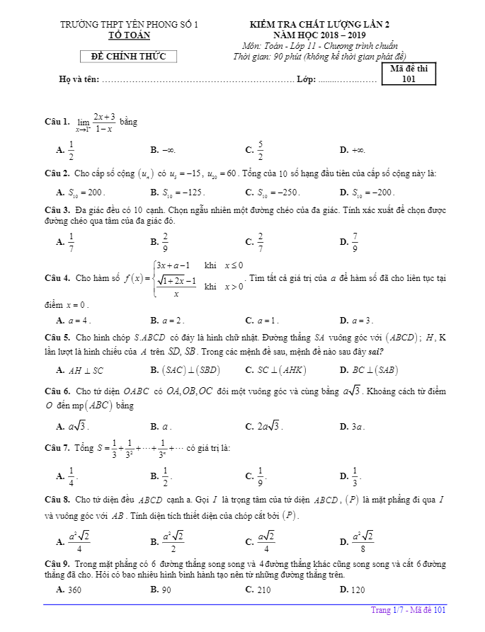 Đề kiểm tra Toán 11 lần 2 năm 2018 2019 trường Yên Phong 1 Bắc Ninh