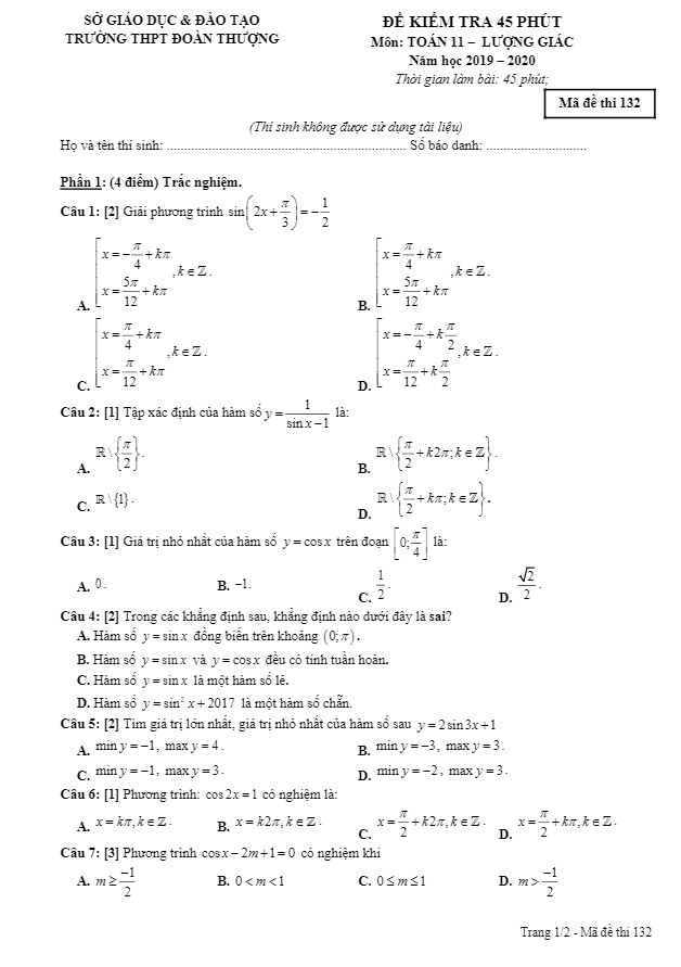 Đề kiểm tra Toán 11 (lượng giác) năm 2019 2020 trường Đoàn Thượng Hải Dương