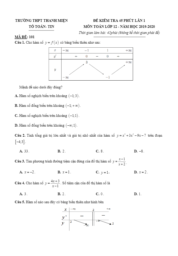 Đề kiểm tra Toán 12 lần 1 năm 2019 2020 trường Thanh Miện Hải Dương