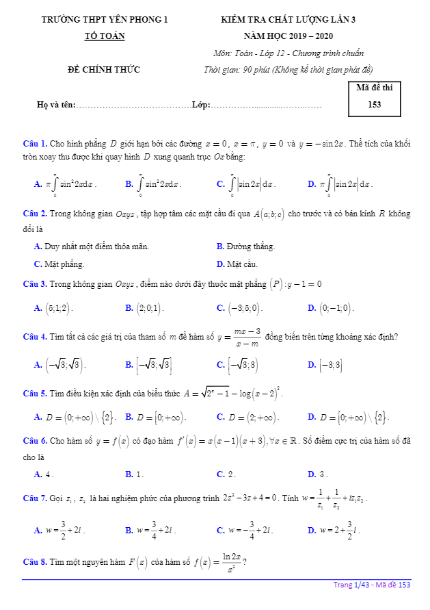 Đề kiểm tra Toán 12 lần 3 năm 2019 2020 trường THPT Yên Phong 1 Bắc Ninh