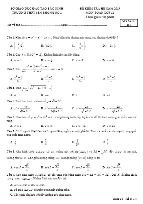Đề kiểm tra Toán 12 ôn tập hè 2019 trường Yên Phong 1 – Bắc Ninh