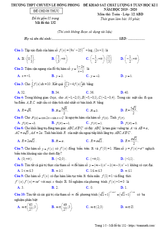 Đề KSCL 8 tuần HK1 Toán 12 năm 2019 2020 trường chuyên Lê Hồng Phong Nam Định
