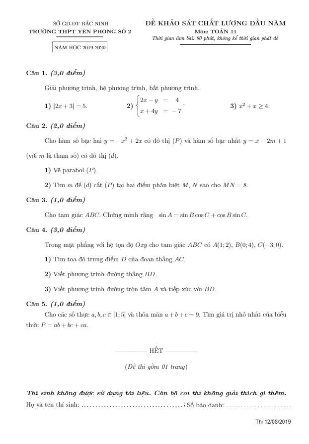 Đề KSCL đầu năm Toán 11 năm 2019 2020 trường Yên Phong 2 Bắc Ninh