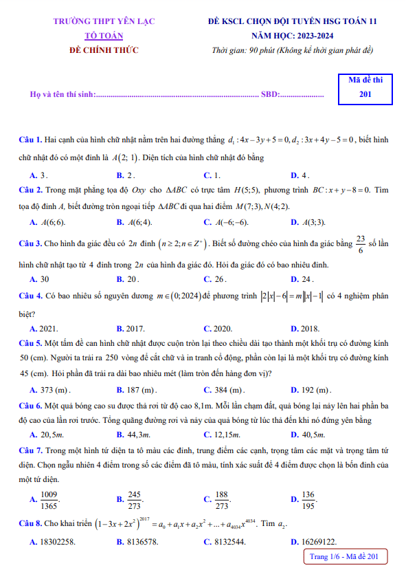 Đề KSCL đội tuyển HSG Toán 11 năm 2023 2024 trường THPT Yên Lạc Vĩnh Phúc