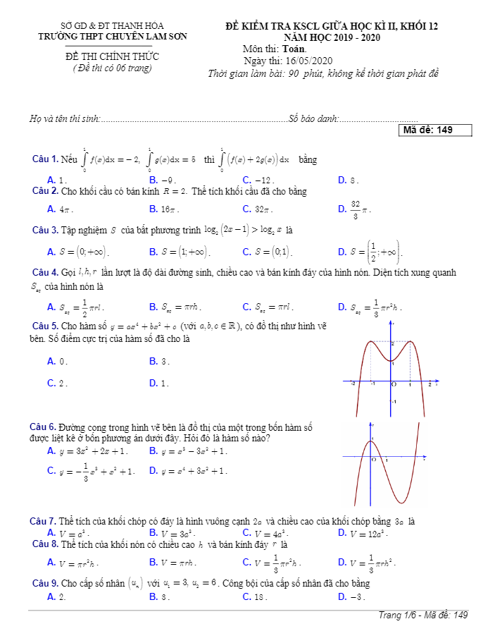 Đề KSCL giữa học kì 2 Toán 12 năm 2019 2020 trường chuyên Lam Sơn Thanh Hóa