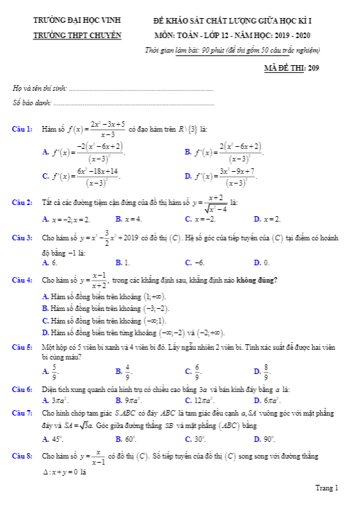 Đề KSCL giữa kì 1 Toán 12 năm 2019 2020 trường chuyên ĐH Vinh Nghệ An