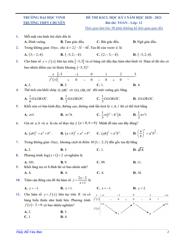 Đề KSCL học kỳ 1 Toán 12 năm 2020 2021 trường chuyên Đại học Vinh Nghệ An