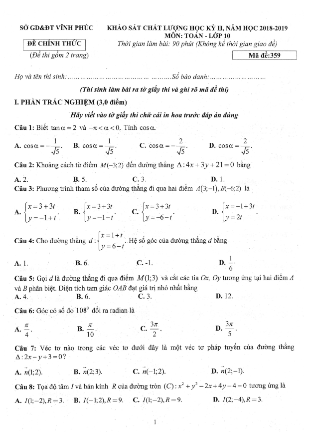 Đề KSCL học kỳ 2 Toán 10 năm học 2018 2019 sở GD&ĐT Vĩnh Phúc