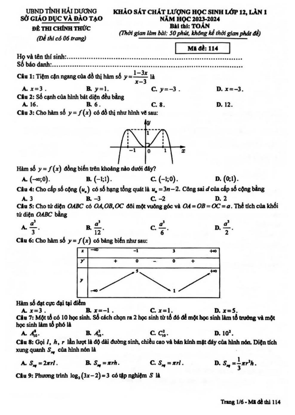 Đề KSCL học sinh Toán 12 lần 1 năm 2023 2024 sở GD&ĐT Hải Dương