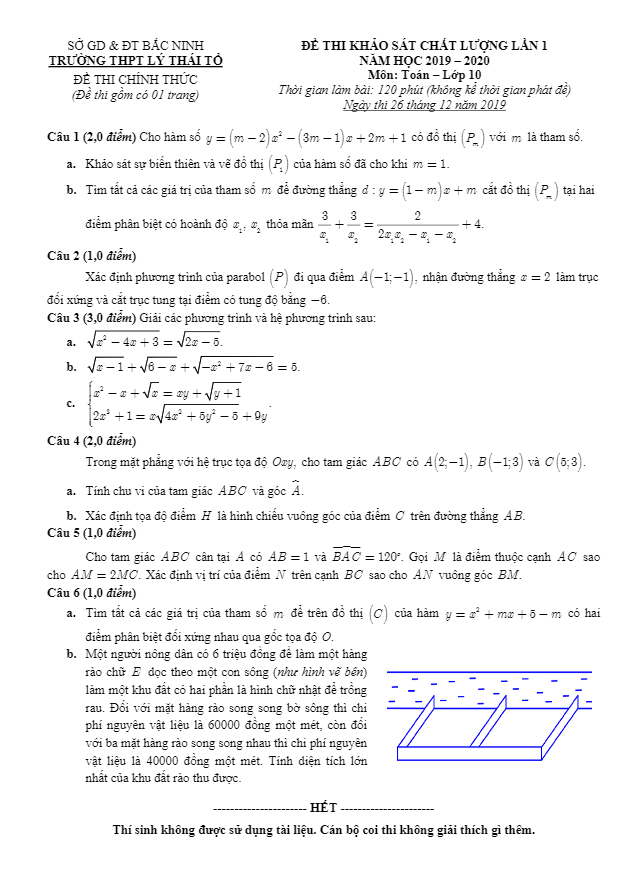 Đề KSCL lần 1 Toán 10 năm 2019 2020 trường THPT Lý Thái Tổ Bắc Ninh