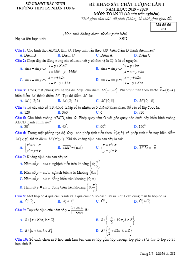 Đề KSCL lần 1 Toán 11 năm 2019 2020 trường THPT Lý Nhân Tông Bắc Ninh