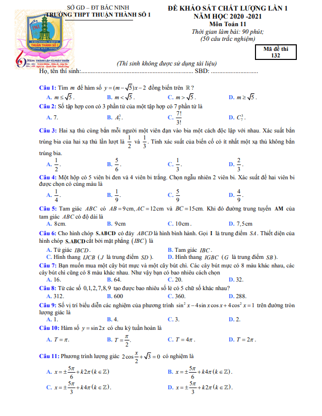 Đề KSCL lần 1 Toán 11 năm 2020 2021 trường THPT Thuận Thành 1 Bắc Ninh
