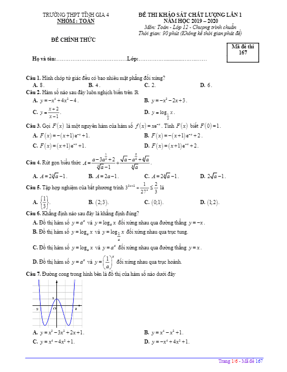 Đề KSCL lần 1 Toán 12 năm 2019 2020 trường THPT Tĩnh Gia 4 Thanh Hoá