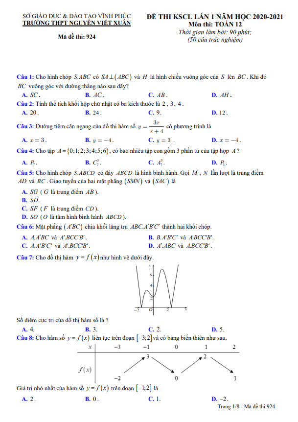 Đề KSCL lần 1 Toán 12 năm 2020 2021 trường THPT Nguyễn Viết Xuân Vĩnh Phúc