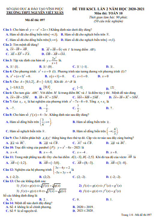 Đề KSCL lần 2 Toán 10 năm 2020 2021 trường THPT Nguyễn Viết Xuân Vĩnh Phúc