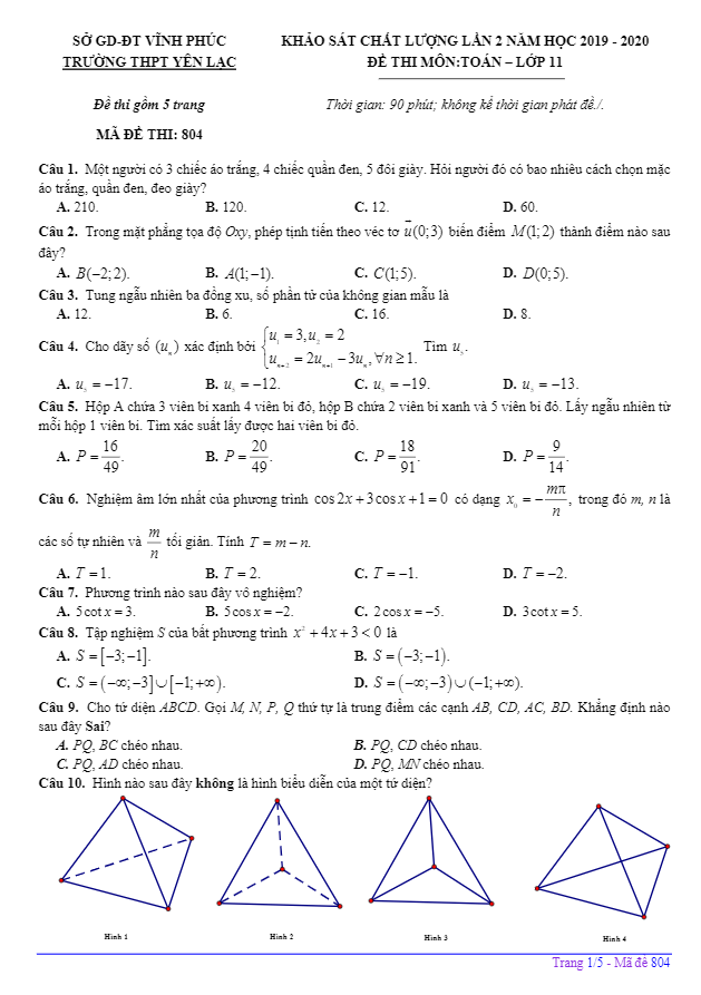 Đề KSCL lần 2 Toán 11 năm 2019 2020 trường THPT Yên Lạc Vĩnh Phúc