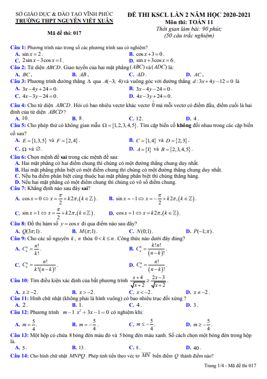 Đề KSCL lần 2 Toán 11 năm 2020 2021 trường THPT Nguyễn Viết Xuân Vĩnh Phúc