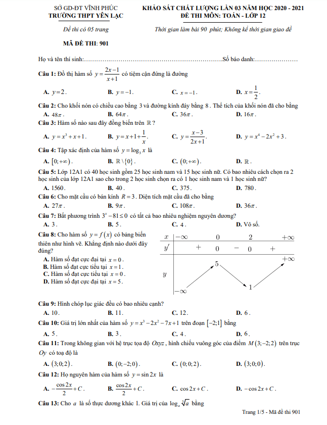 Đề KSCL lần 3 Toán 12 năm 2020 2021 trường THPT Yên Lạc Vĩnh Phúc