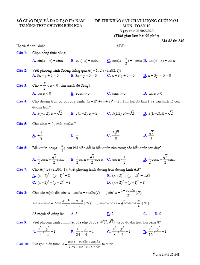 Đề KSCL Toán 10 cuối năm học 2019 2020 trường chuyên Biên Hòa Hà Nam