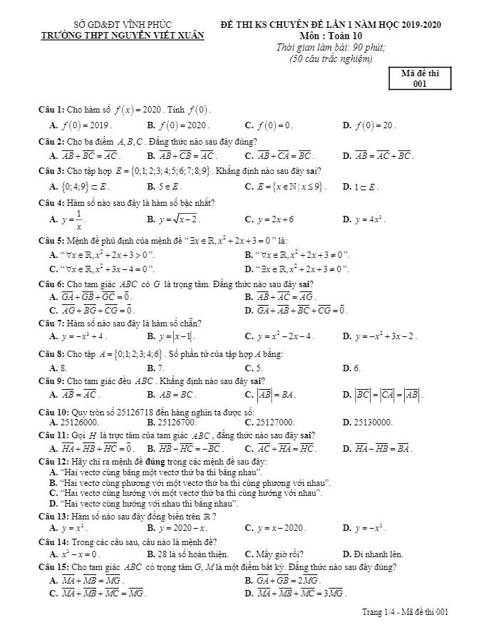 Đề KSCL Toán 10 lần 1 năm 2019 – 2020 trường Nguyễn Viết Xuân – Vĩnh Phúc