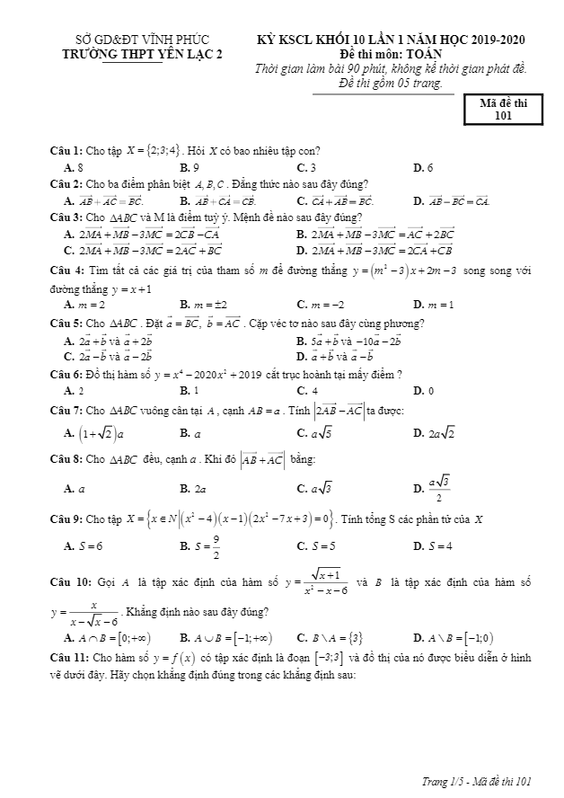 Đề KSCL Toán 10 lần 1 năm 2019 2020 trường THPT Yên Lạc 2 Vĩnh Phúc