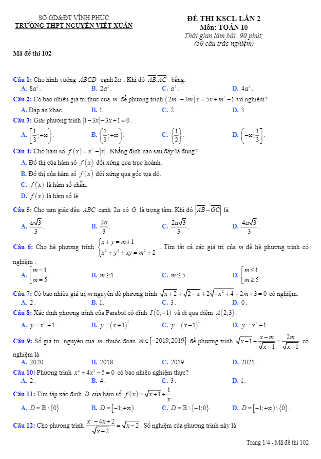 Đề KSCL Toán 10 lần 2 năm 2019 2020 trường Nguyễn Viết Xuân Vĩnh Phúc