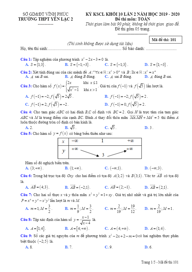 Đề KSCL Toán 10 lần 2 năm 2019 2020 trường THPT Yên Lạc 2 Vĩnh Phúc
