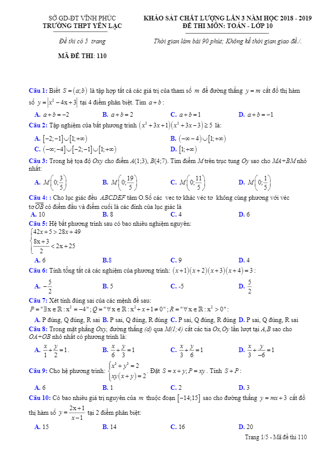Đề KSCL Toán 10 lần 3 năm 2018 2019 trường THPT Yên Lạc Vĩnh Phúc
