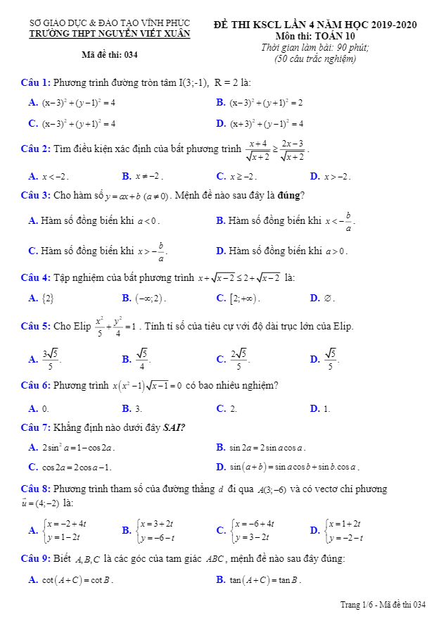Đề KSCL Toán 10 lần 4 năm 2019 2020 trường THPT Nguyễn Viết Xuân Vĩnh Phúc