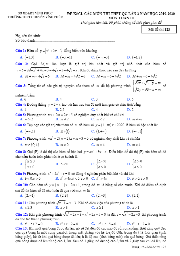 Đề KSCL Toán 10 thi THPT QG 2020 lần 2 trường THPT chuyên Vĩnh Phúc